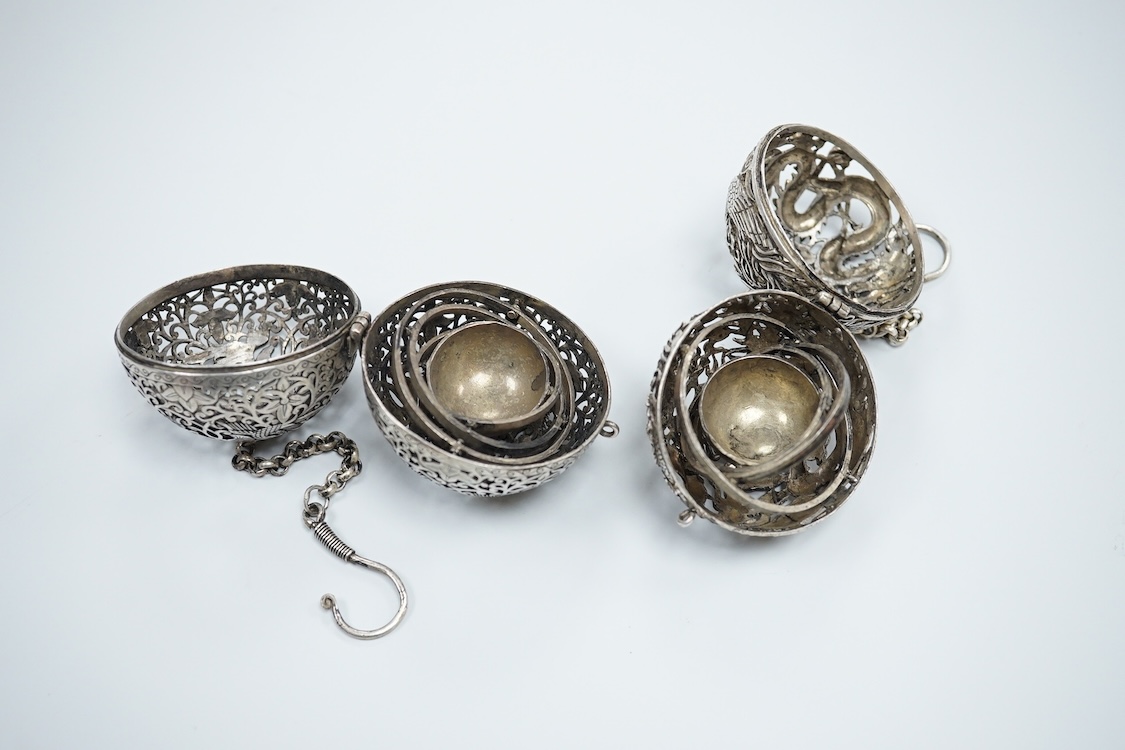 Two Chinese white metal pomanders